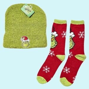 Grinch Hat Beanie & Crew Socks Green Red Christmas Holiday Bioworld Dr. Seuss